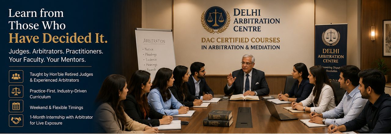 A DAC Certified Courses batch — students around the table, taught by an arbitrator, with the practical route of a proceeding on the board