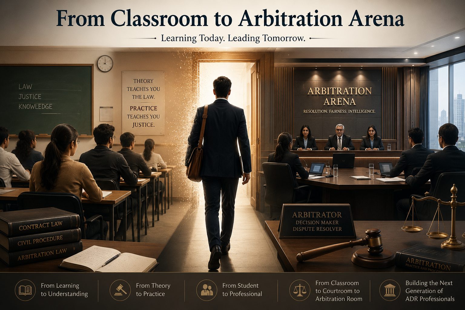 From classroom to arbitration arena — a young lawyer walks out of a law classroom through a doorway of light into an arbitration room where the tribunal is in session
